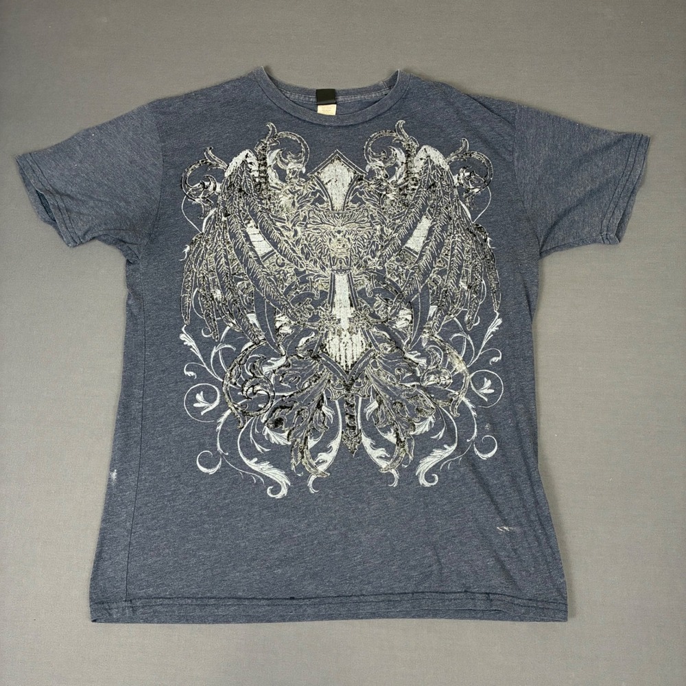 Point Zero Wing Cross Graphic T-Shirt Women's Size Medium Blue Y2K Grunge